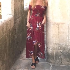 SMOCKED TOP OFF-THE SHOULDER FLORAL MAXI DRESS